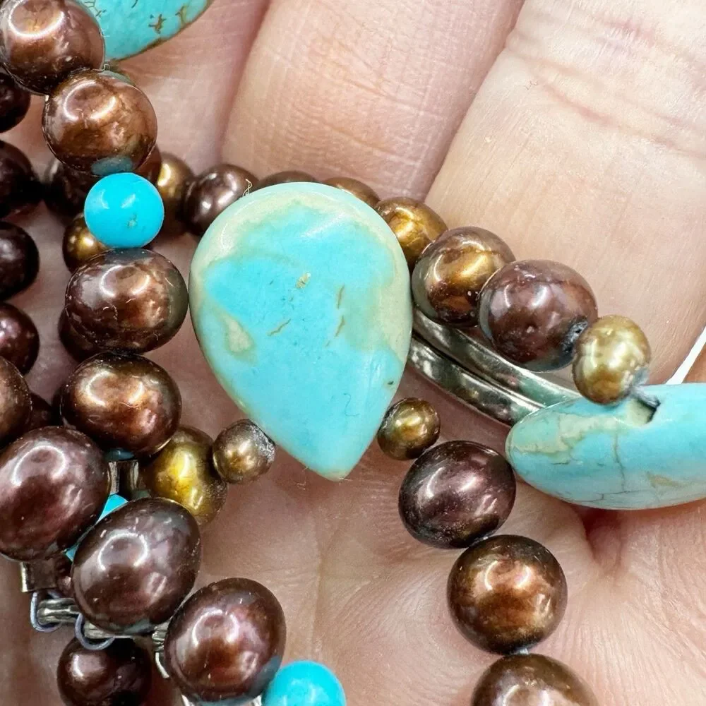 Turquoise Teardrop Bronze Pearl Double Strand Necklace Sterling Silver Bohemian